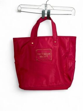 Victoria’s Secret Pink Tote Bag Large Nylon Carryall Shopper Hot Pink Gold Logo